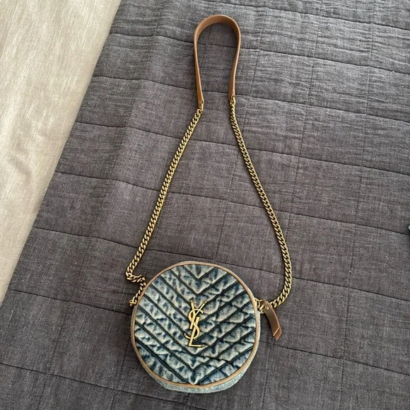YSL Authentic Round Quilted Crossbody Denim with Gold and Leather Accents - Picture 1 of 7